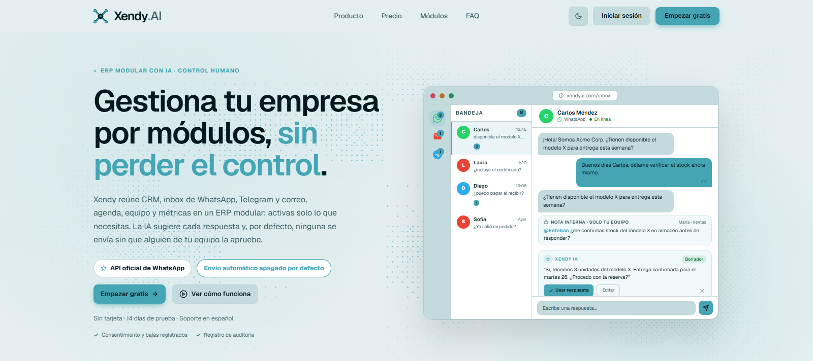 Página principal de Xendy AI, un ERP modular con IA: una sola bandeja con WhatsApp, Telegram y correo, y una respuesta sugerida por la IA que espera la aprobación del equipo